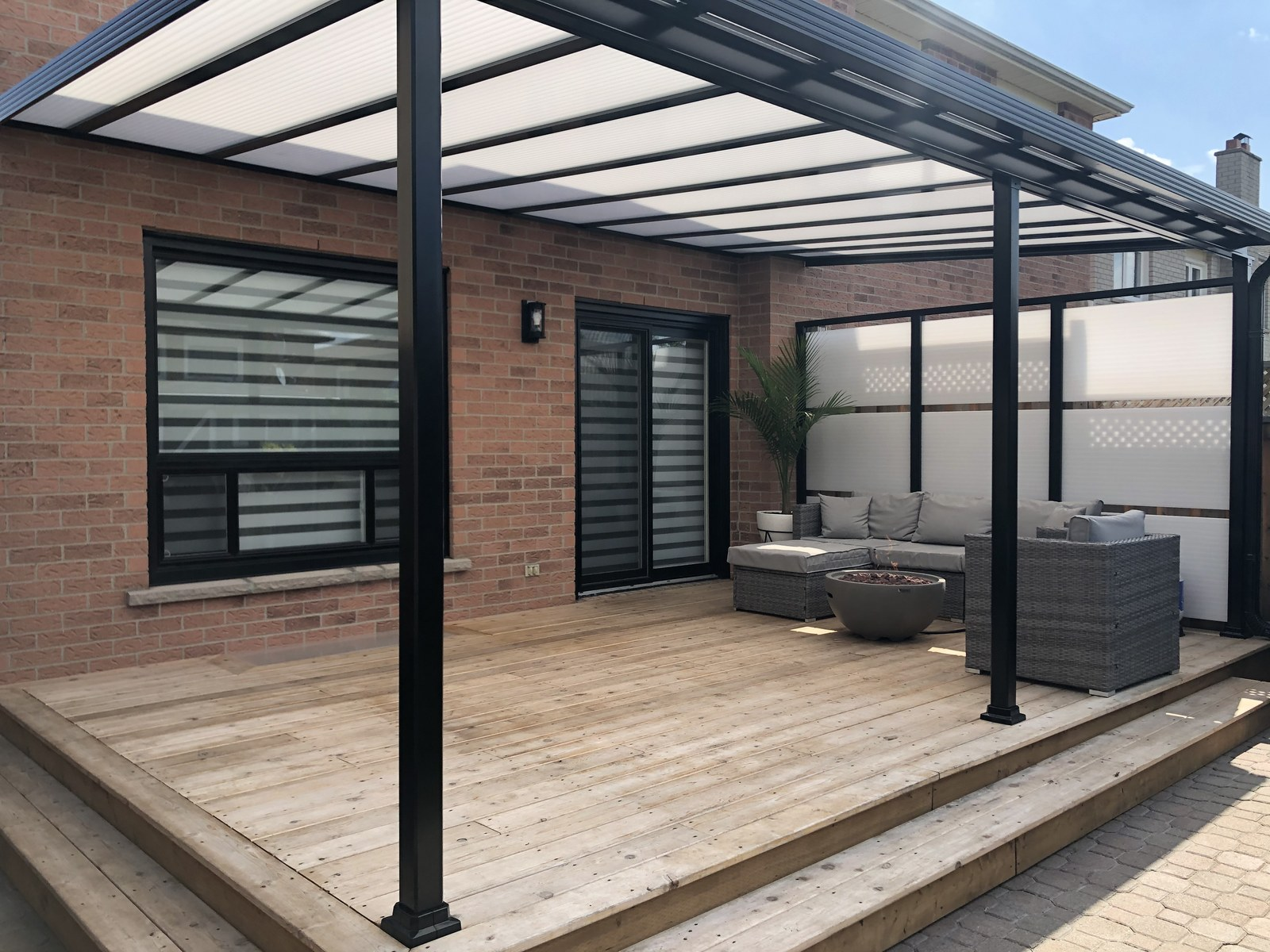 Patio cover over outdoor living space with fire pit