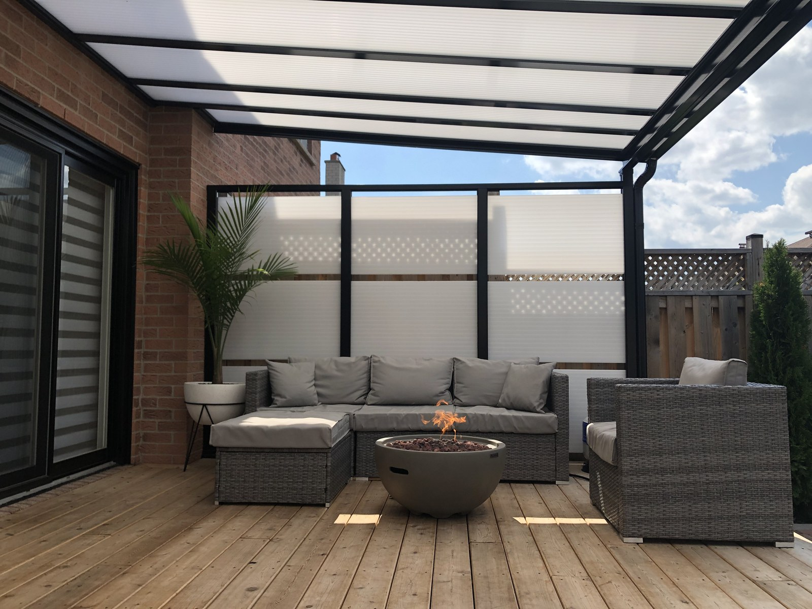 Under a patio cover with outdoor fireplace and seating